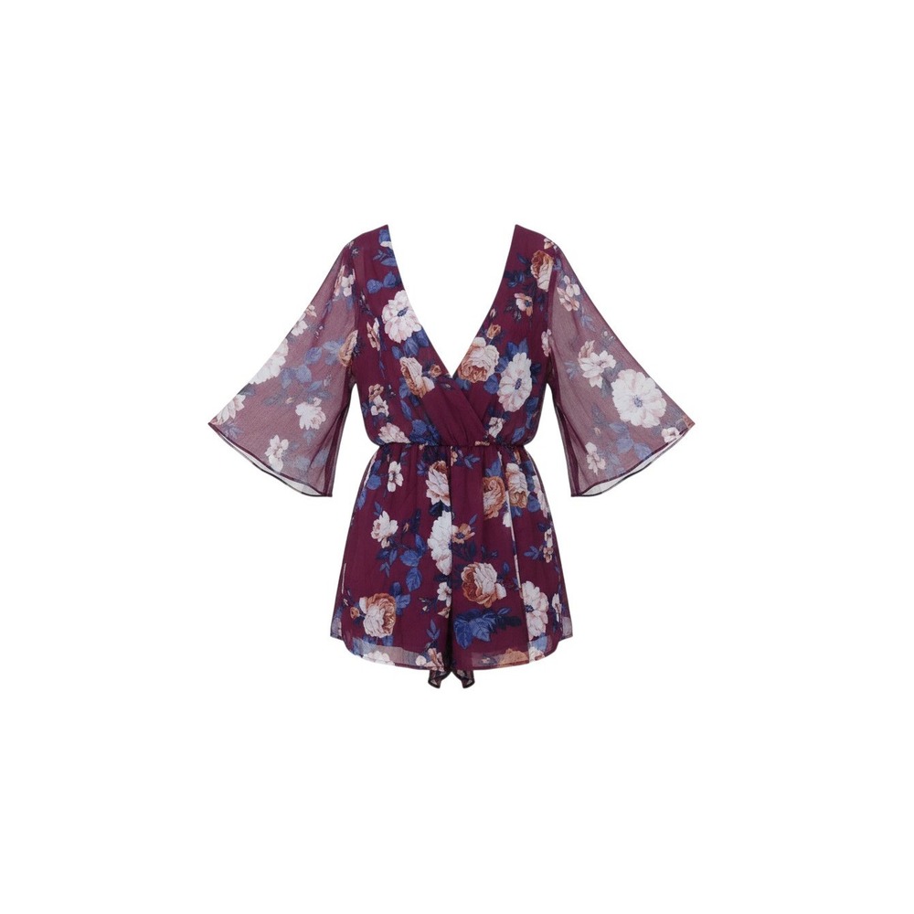 Bailey Blue Romper Womens M Burgundy Floral V-Neck Bell Sleeve Chiffon Romper